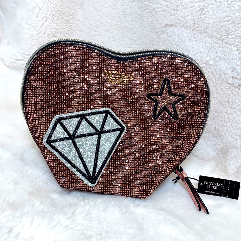 VICTORIAS SECRET PINK GLITTER SEQUIN HEART COSMETIC MAKEUP BAG
